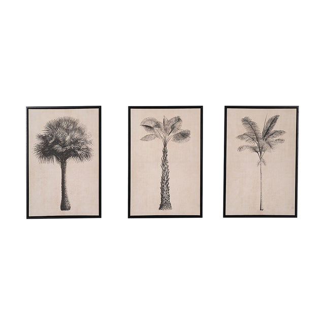 Set of 3 framed canvas wall art prints on natural fabric, each depicting a black palm tree illustration in varying shapes, with black frames on a plain white background.