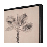 Framed canvas wall art in black frame, close-up angled view showing a black palm tree print on natural background, set against a plain white backdrop.
