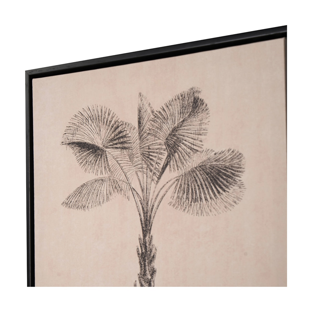 Framed canvas print in black frame, showing a monochrome palm tree illustration on natural fabric background, corner detail view.