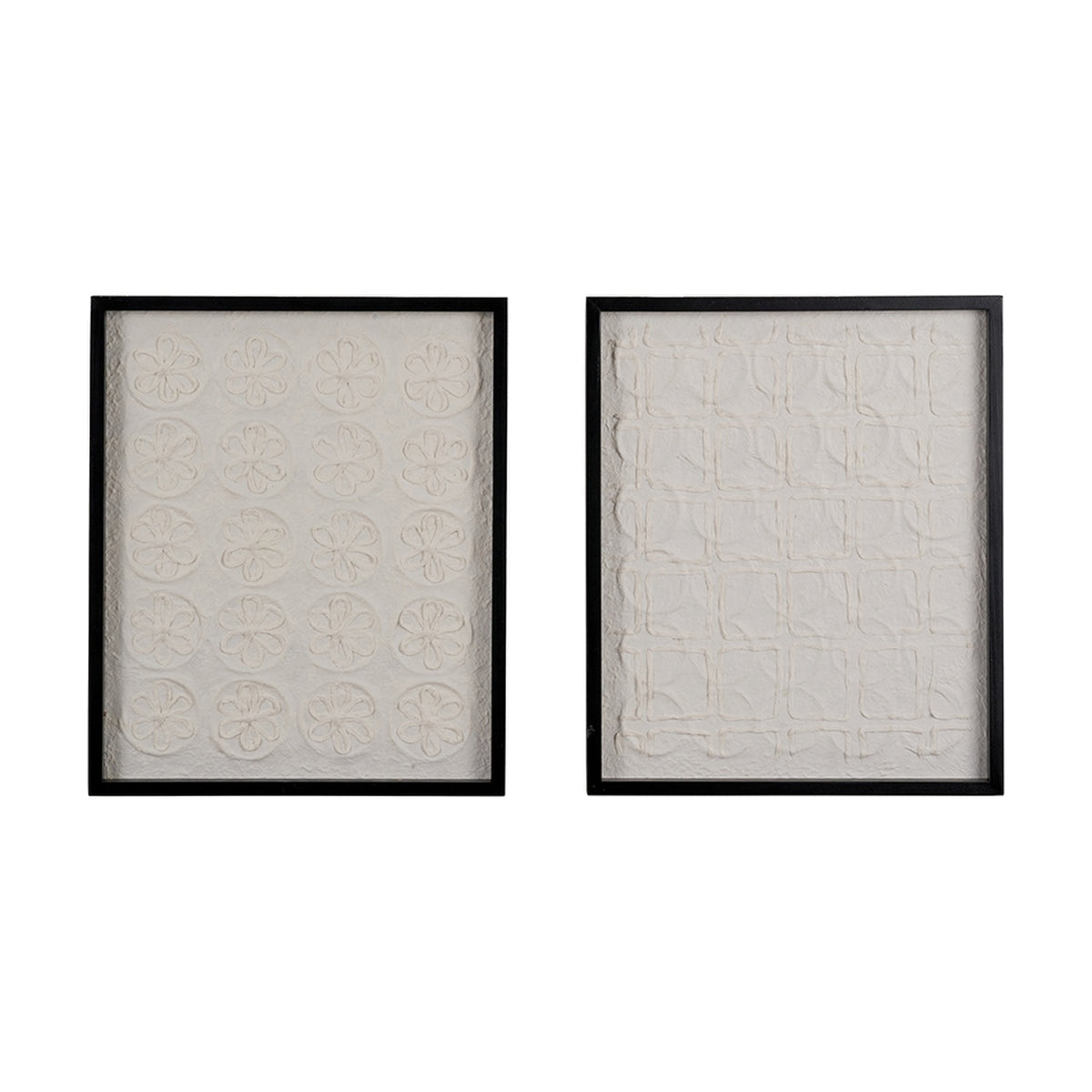 Set of 2 natural paper wall art pieces in black frames, one with a floral relief grid, the other with a woven square pattern, against a plain white background.