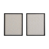 Set of 2 natural paper wall art pieces in black frames, one with a floral relief grid, the other with a woven square pattern, against a plain white background.