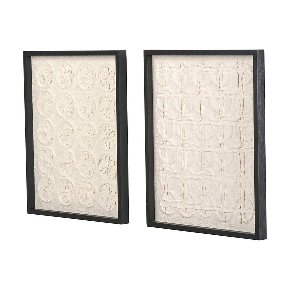 Set of two natural paper wall art panels in black frames, one with a floral grid pattern and one with a square lattice pattern, shown on a plain white background.