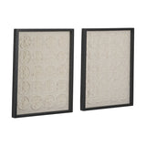 Set of 2 natural paper wall art panels in black frames, one with raised floral circle patterns and one with a geometric grid design, shown on a plain white background.