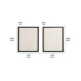 Set of 2 textured natural paper wall art panels in black frames, floral and grid patterns, 48cm x 40cm each, shown with dimensions on a white background.