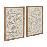 Set of 2 wooden-framed wall art panels featuring a cut-out circular sunburst pattern in natural paper, shown at an angle on a white background.