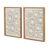Set of 2 wooden-framed wall art panels with cut-out circular sunburst patterns on natural paper, shown at an angle against a plain white background.