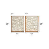 Set of 2 wood-framed wall art panels with cut-out circular floral patterns on natural paper, each 48cm x 40cm x 3cm, shown with dimension labels on a white background.