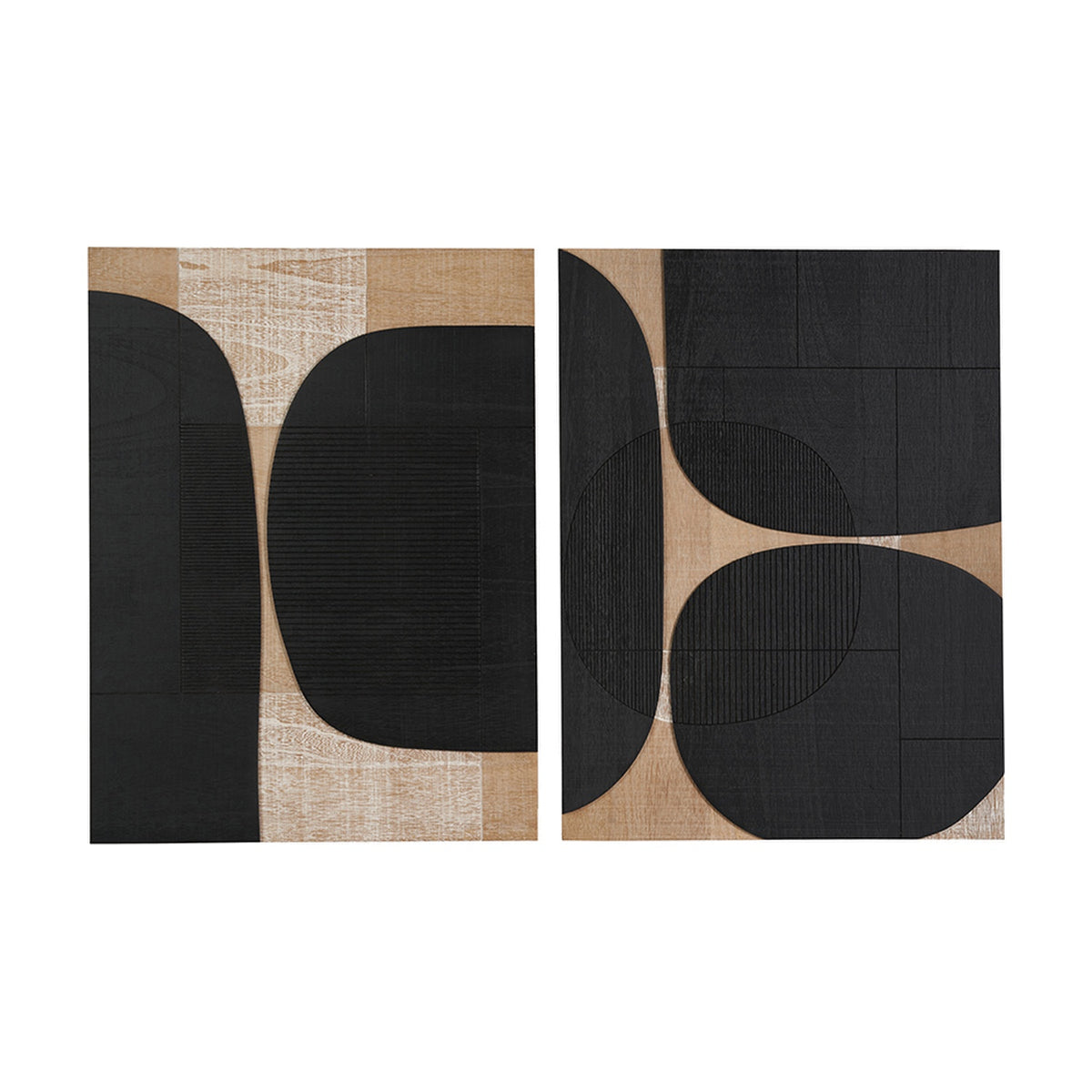 Set of 2 black and natural wood textured wall art panels, 60 x 80cm, with abstract curved shapes on a plain white background.