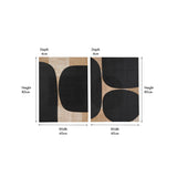 Set of 2 black and natural wooden textured wall art panels, 60 x 80cm each, with abstract curved shapes, shown with dimension labels on a white background.