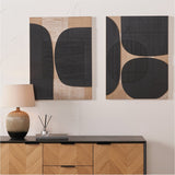 Set of 2 black and natural wooden textured wall art panels, 60 x 80cm, with abstract curved shapes, displayed above a wood sideboard with a ceramic lamp in a neutral room setting.