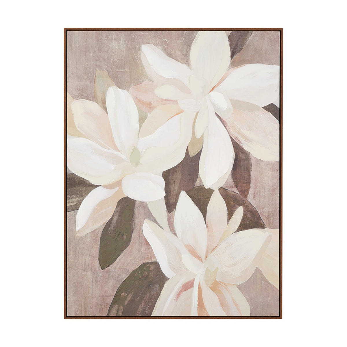 White & Natural Floral Canvas with Oak Effect Frame - 90 x 120cm