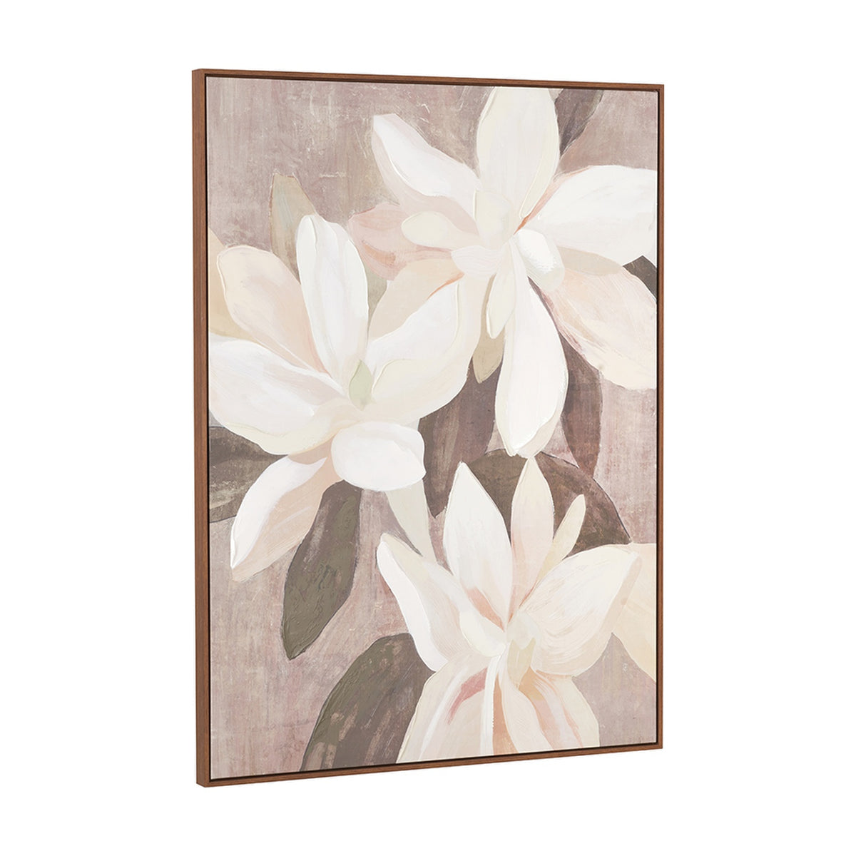 White & Natural Floral Canvas with Oak Effect Frame - 90 x 120cm