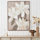White & Natural Floral Canvas with Oak Effect Frame - 90 x 120cm