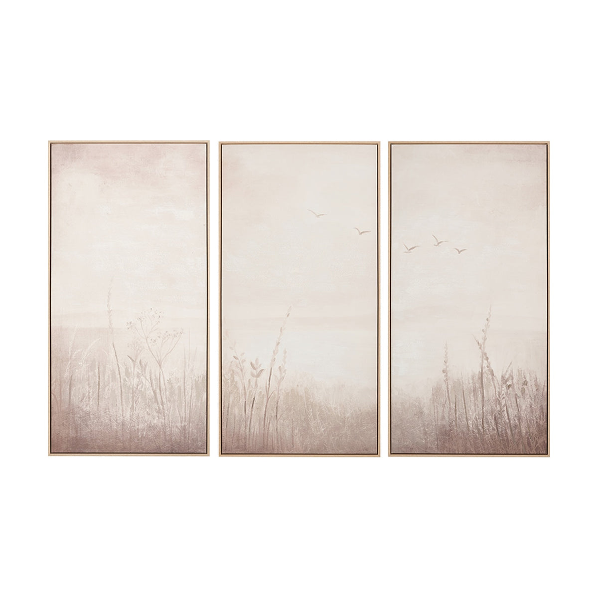Set of 3 framed canvas wall art panels in natural tones, depicting misty grassland scenes with birds, wood frames, on a plain white background.