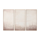 Set of 3 framed canvas wall art panels in natural tones, depicting misty grassland scenes with birds, wood frames, on a plain white background.