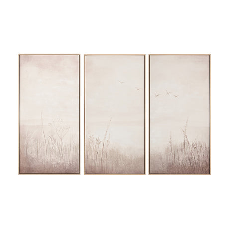 Set of 3 framed canvas wall art panels in natural tones, depicting misty grassland scenes with birds, wood frames, on a plain white background.