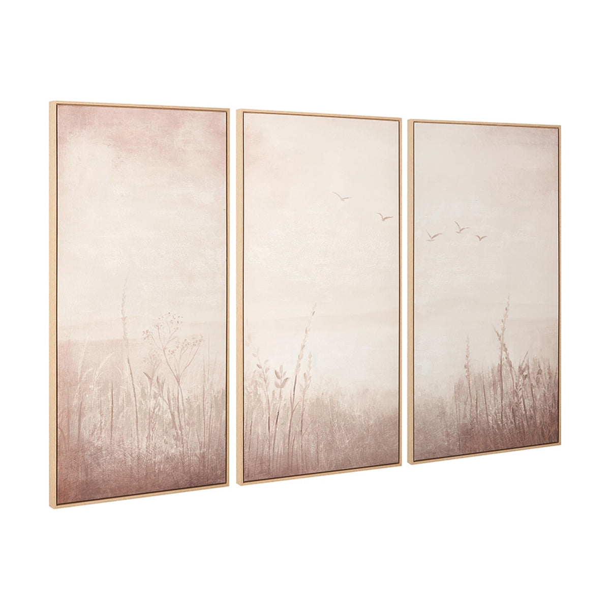 Set of 3 natural wood-framed landscape canvases with muted pink and beige tones, featuring wild grasses and birds in flight, shown at an angle against a white background.