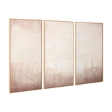 Set of 3 natural wood-framed landscape canvases with muted pink and beige tones, featuring wild grasses and birds in flight, shown at an angle against a white background.