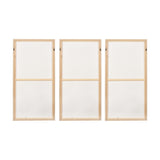 Set of 3 blank white canvas panels in natural wood frames, each split into two sections, hanging hardware visible, on a plain white background.