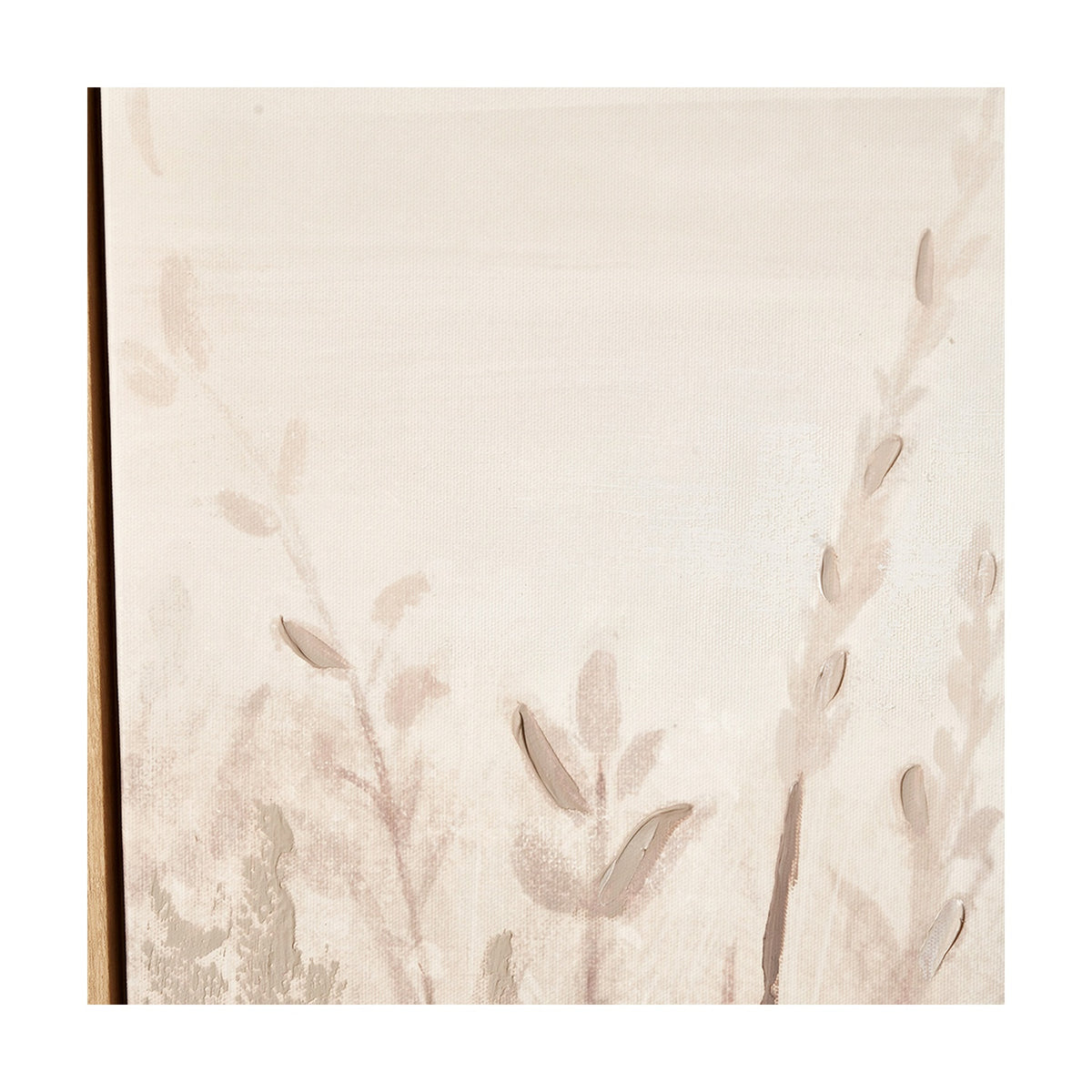 Close-up of a natural canvas wall art panel with painted botanical stems and leaves in soft beige tones, edged by a wooden frame.