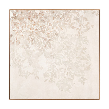 White & Natural Floral Square Canvas with Frame, 100 x 100cm, wood frame, depicting soft beige and cream leaf branches on a neutral background.
