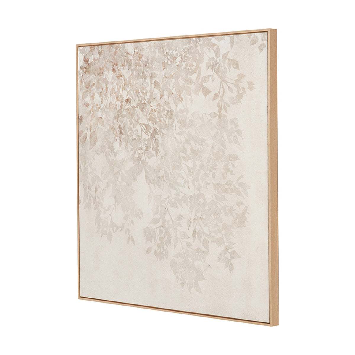White & Natural Floral Square Canvas, 100 x 100cm, in a wooden frame, shown at an angle against a plain white background.