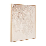 Square canvas wall art, 100 x 100cm, with a light wood frame, showing a soft white and beige leaf design, shown at an angle on a plain white background.