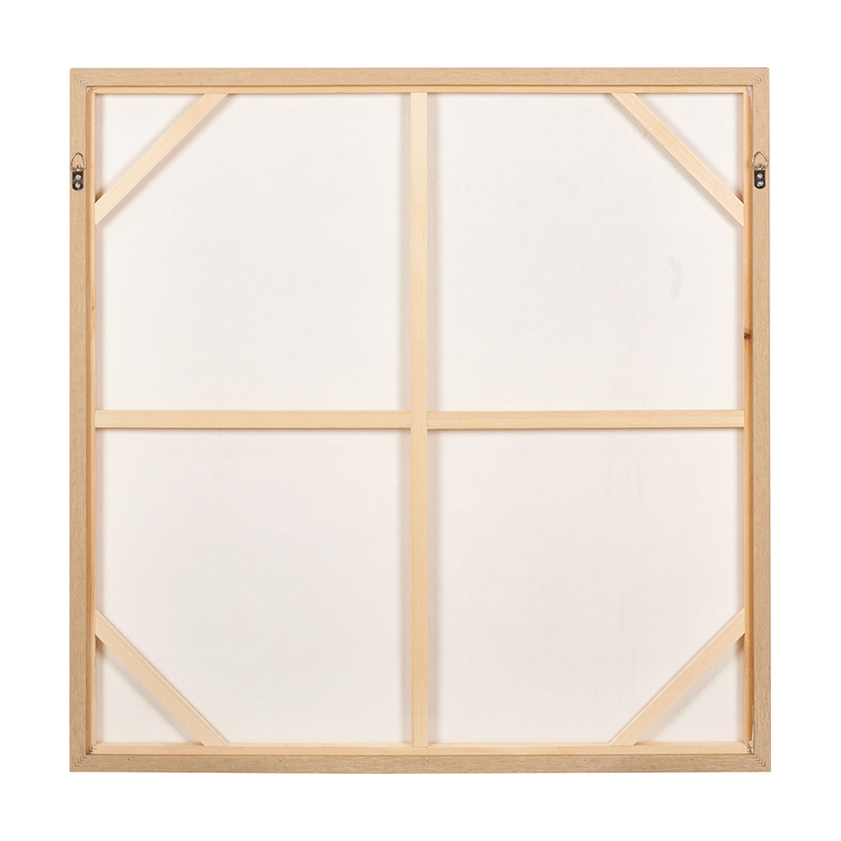 Reverse view of White & Natural Floral Square Canvas with wooden stretcher frame, cross braces, and hanging hooks, 100 x 100cm, shown against a plain white background.