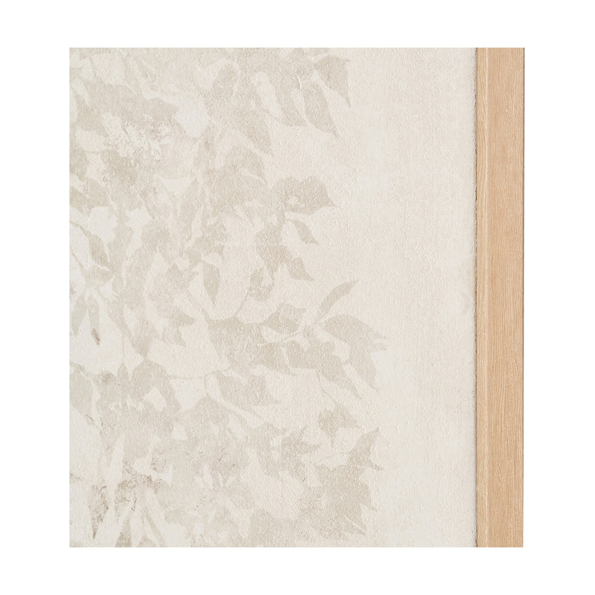 White & Natural Floral Square Canvas, 100 x 100cm, with muted botanical leaf print and a natural wood edge frame, shown on a plain white background.