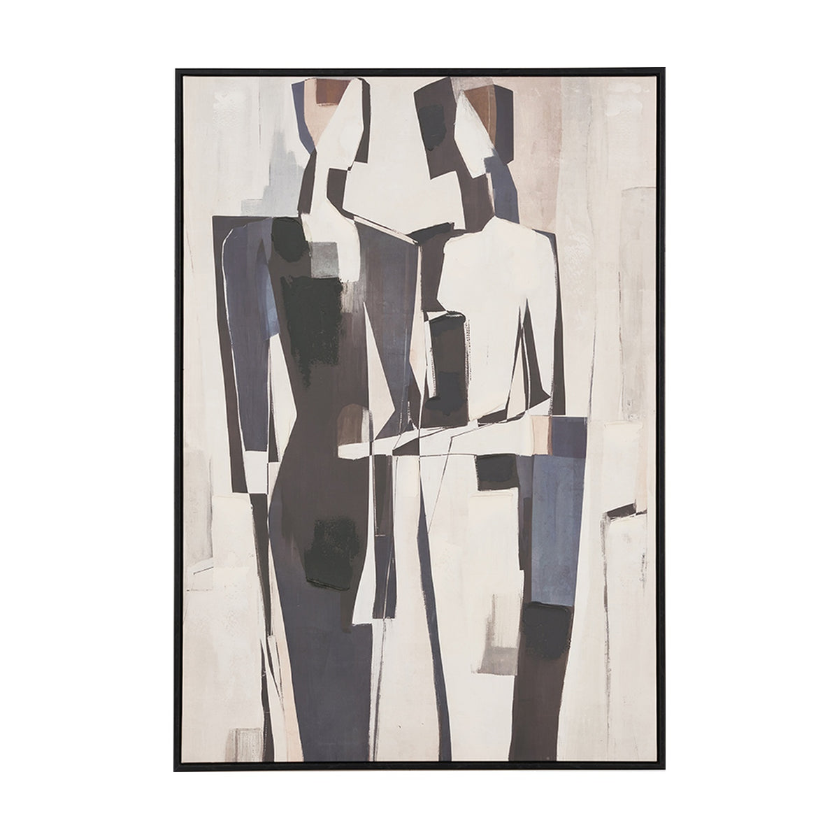 Monochrome Abstract People Canvas, 70 x 100cm, in a black frame, depicting cubist-style figures in cream, grey, and brown tones, shown against a plain white background.