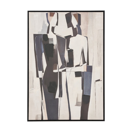 Monochrome Abstract People Canvas, 70 x 100cm, in a black frame, depicting cubist-style figures in cream, grey, and brown tones, shown against a plain white background.