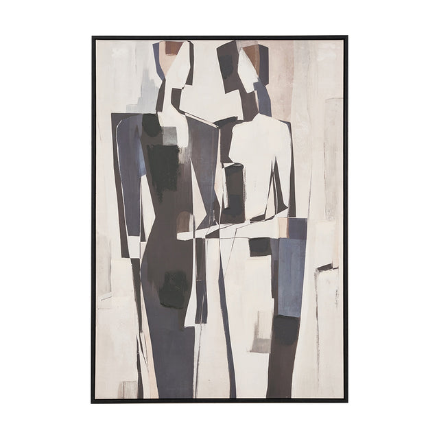 Monochrome Abstract People Canvas, 70 x 100cm, in a black frame, depicting cubist-style figures in cream, grey, and brown tones, shown against a plain white background.