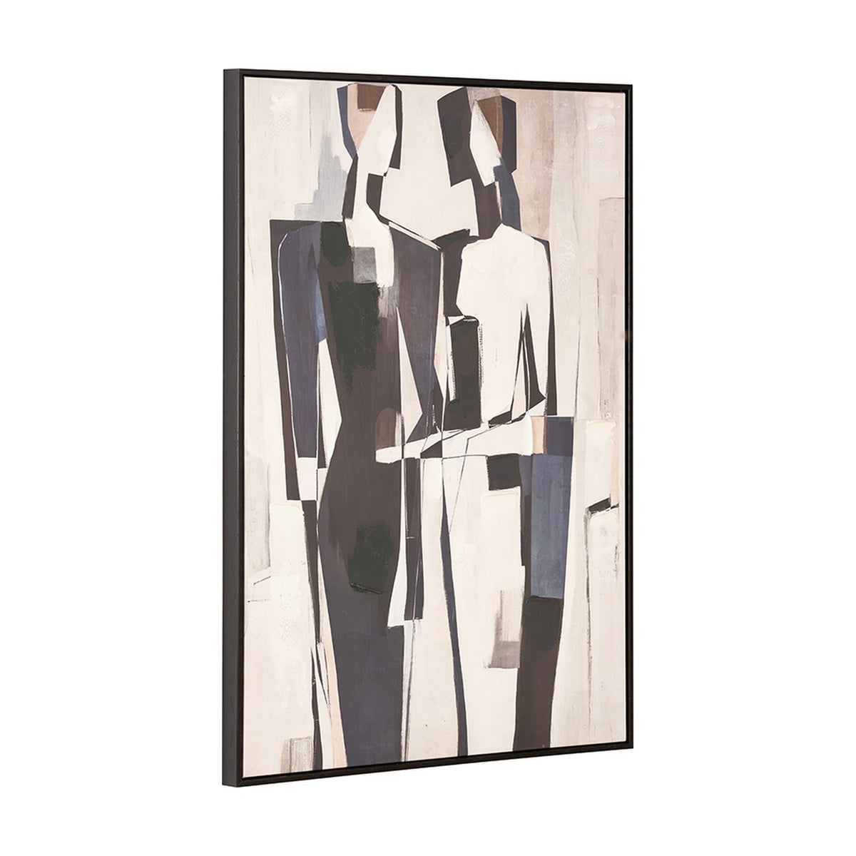 Monochrome Abstract People Canvas in a black frame, 70 x 100cm, featuring cubist-style figures in cream, navy, and charcoal tones, shown at an angle on a plain white background.