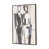 Monochrome Abstract People Canvas, 70 x 100cm, with black frame, featuring cubist-style figures in black, grey, and cream tones, shown at an angle on a plain white background.