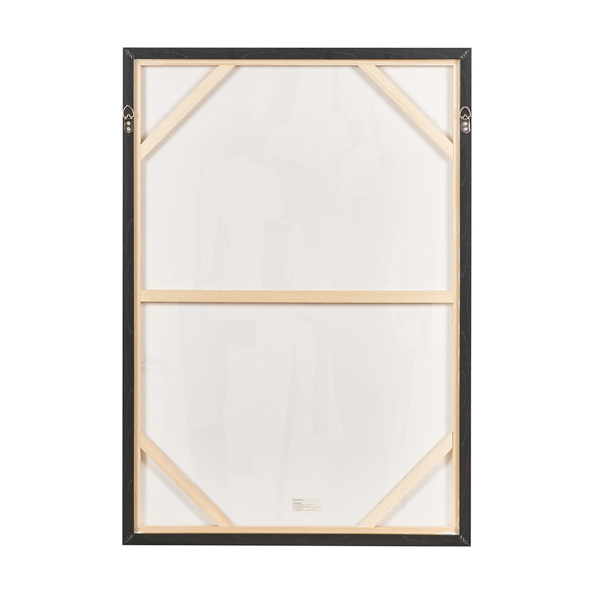 Rear view of the Monochrome Abstract People Canvas with Black Frame, 70 x 100cm, showing wooden stretcher bars, hanging hooks, and wire on a plain background.