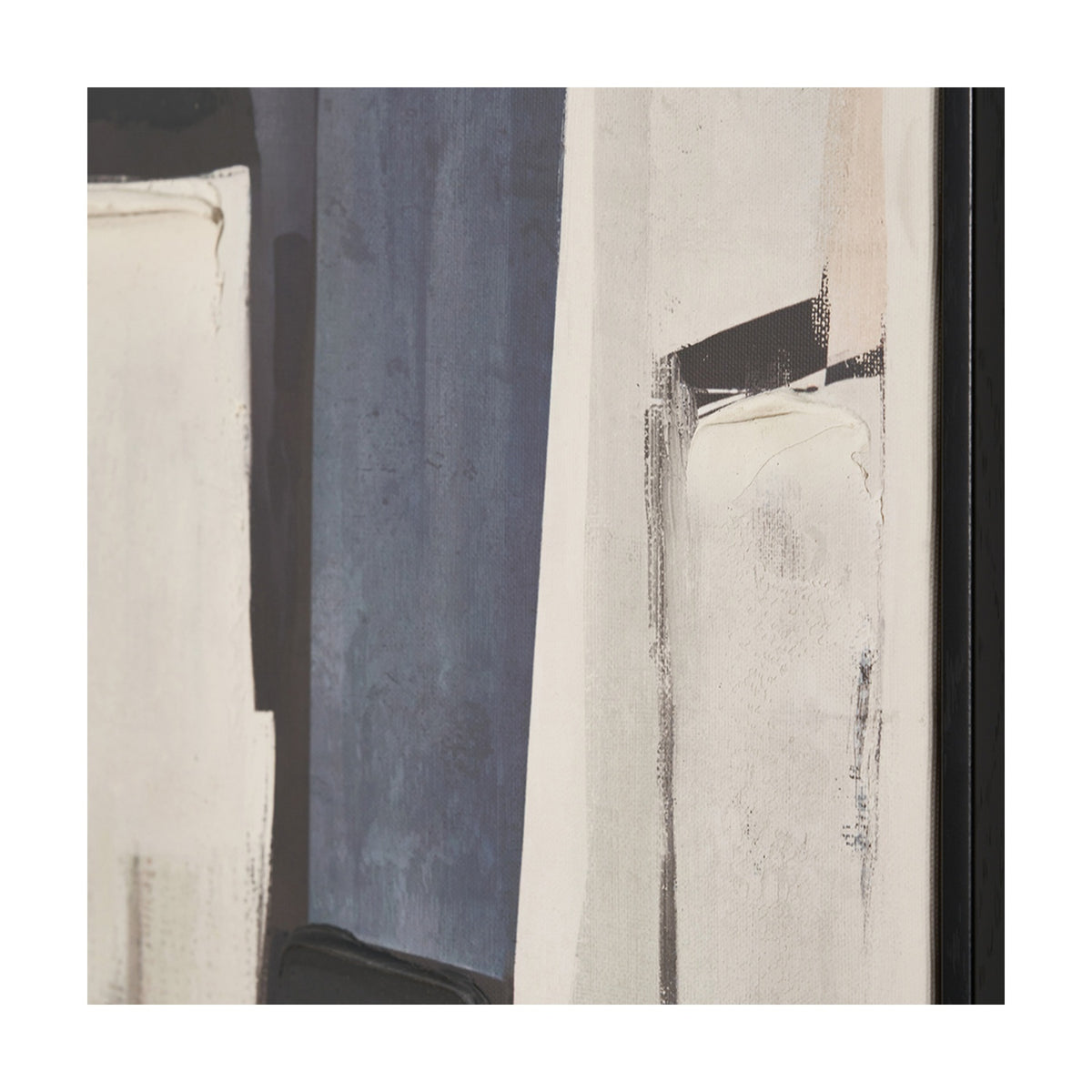 Close-up of the Monochrome Abstract People Canvas, 70 x 100cm, showing textured cream, blue-grey, and black panels in a black frame.