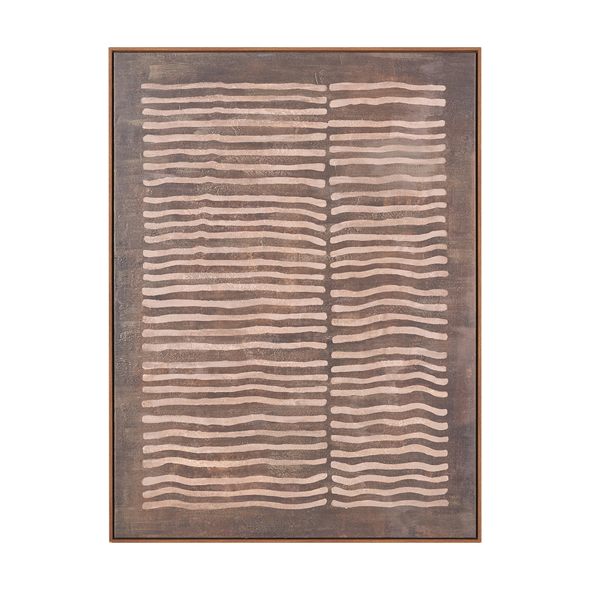 Brown & Natural Linear Design Canvas wall art in an oak effect frame, featuring wavy horizontal stripes in natural tones across two columns, set on a plain white background.