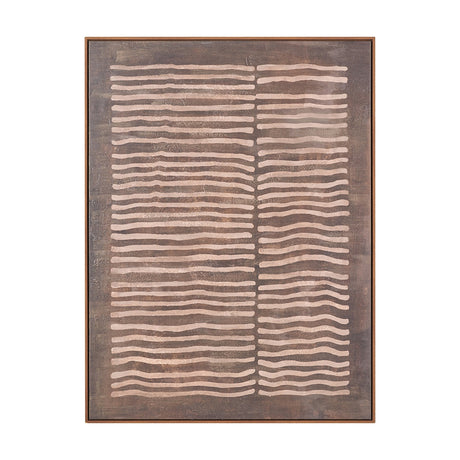 Brown & Natural Linear Design Canvas wall art in an oak effect frame, featuring wavy horizontal stripes in natural tones across two columns, set on a plain white background.