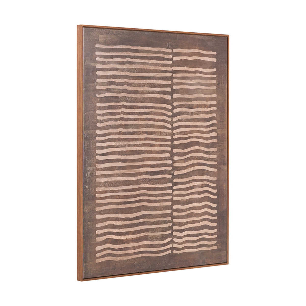 Brown & Natural Linear Design Canvas in an oak effect frame, featuring wavy horizontal stripes in two columns, shown at an angle against a plain white background.