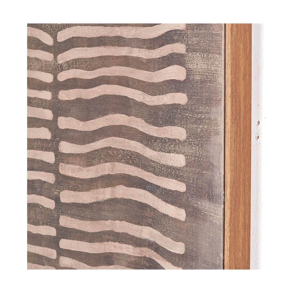 Close-up of Brown & Natural Linear Design Canvas showing wavy horizontal lines in natural tone on a brown textured background, edged by an oak effect frame.