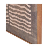 Corner detail of the Brown & Natural Linear Design Canvas, showing wavy natural-toned stripes on a brown canvas within an oak effect wood frame.