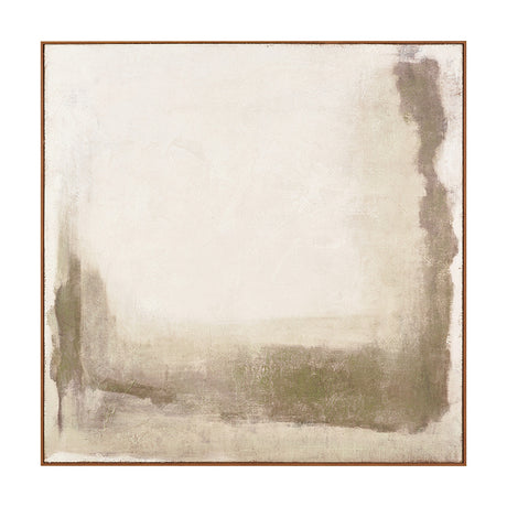 Green and natural abstract square canvas wall art with an oak effect frame, hessian texture, and muted earthy tones on a plain white background.
