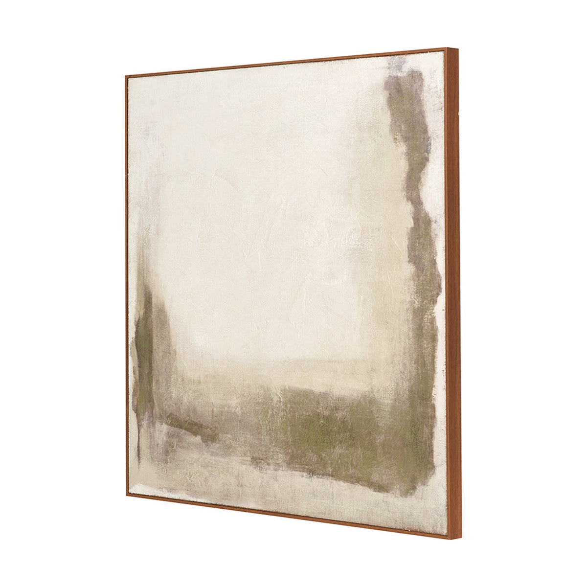 Square hessian canvas wall art with abstract green and natural tones, framed in an oak effect wood border, shown at an angle on a plain white background.