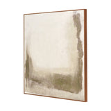 Square hessian canvas wall art with abstract green and natural tones, framed in an oak effect wood border, shown at an angle on a plain white background.