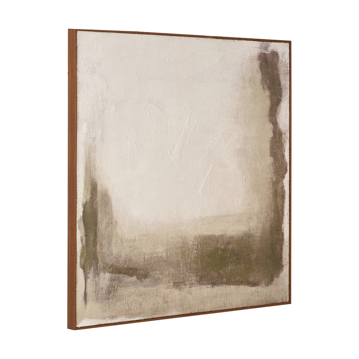 Square abstract hessian canvas wall art with oak effect frame, cream centre fading to green and brown edges, shown at an angle on a plain white background.
