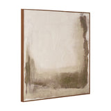 Square abstract hessian canvas wall art with oak effect frame, cream centre fading to green and brown edges, shown at an angle on a plain white background.