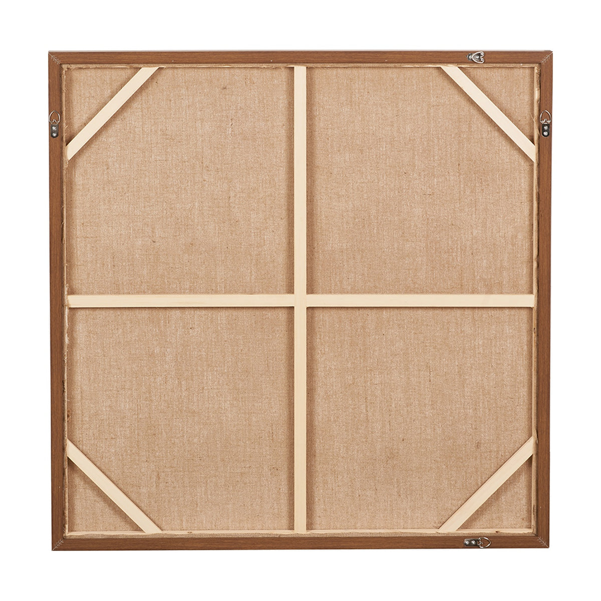 Reverse view of the Green & Natural Abstract Square Hessian Canvas showing jute backing, wooden support struts, oak effect frame edge, and hanging fixtures.
