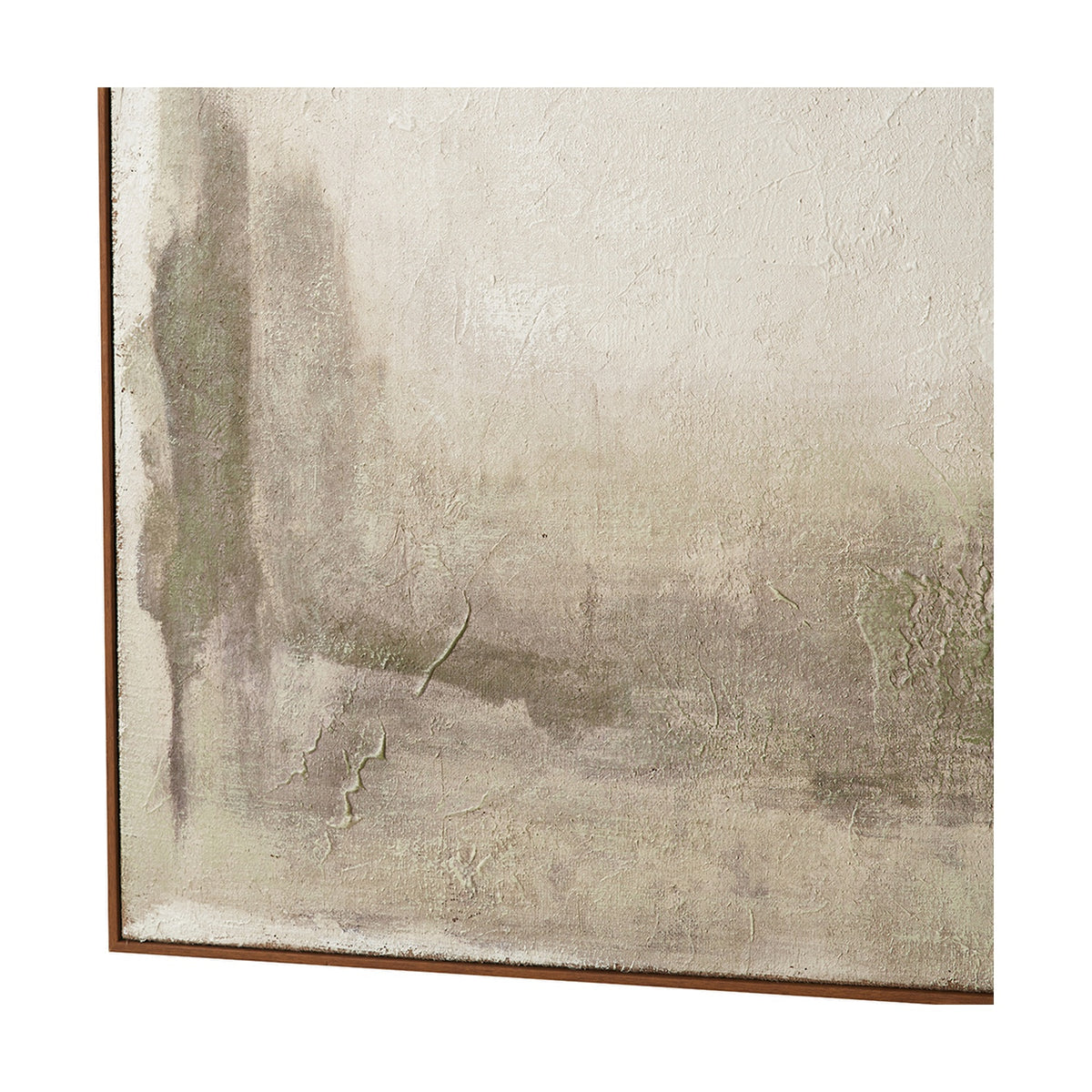 Corner detail of Green & Natural Abstract Square Hessian Canvas, showing textured jute surface with muted green and taupe tones in an oak effect frame.