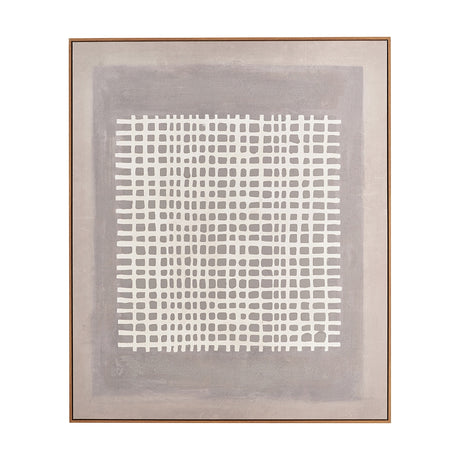 Brown & Natural Grid Design Canvas, 100 x 120cm, with a white grid pattern over a grey and taupe bordered background, set in an oak effect frame.