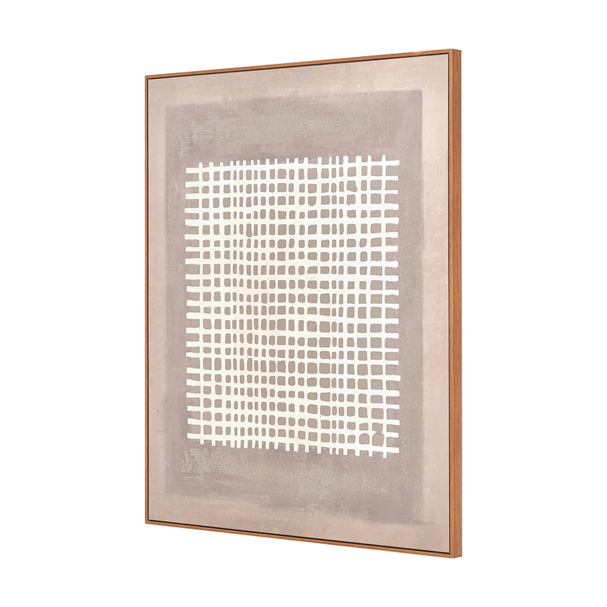 Canvas wall art with an oak effect frame, featuring a white grid pattern over brown and natural tones, shown at an angle on a plain white background.